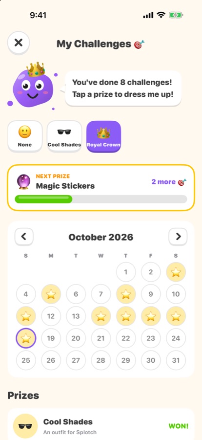 Challenge calendar with gold stars and prizes
